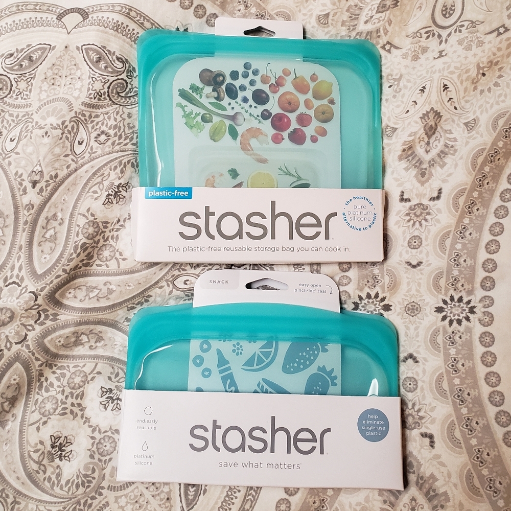 STASHER 2 Sizes: Snack & Sandwich Storage Bags Aqua Reusable Platinum Silicone